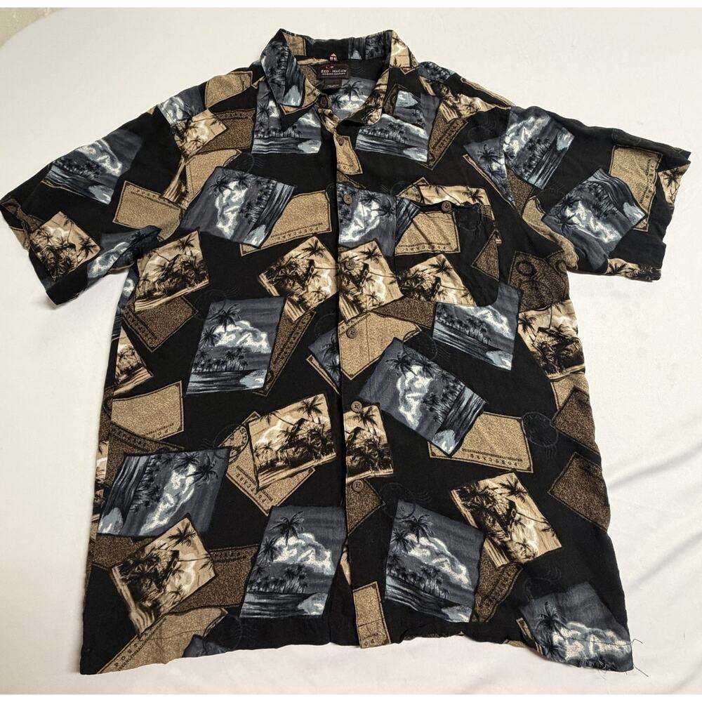 Red Macaw Short Sleeve Hawaiian Button Up Shirt Men's Size L Palm Tree Casual
